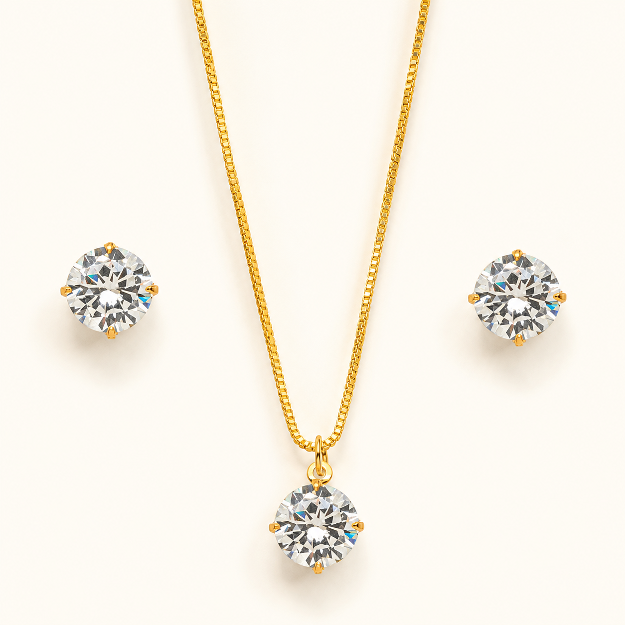 Conjunto Luna Lumière dourado com colar e brincos ponto de luz em cristal transparente
