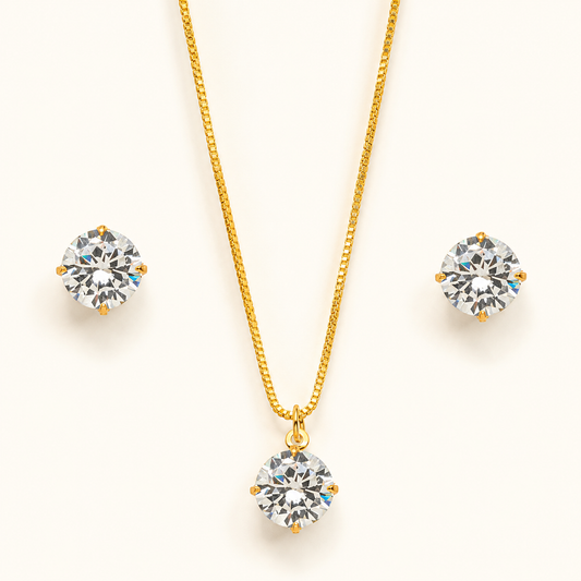 Conjunto Luna Lumière dourado com colar e brincos ponto de luz em cristal transparente